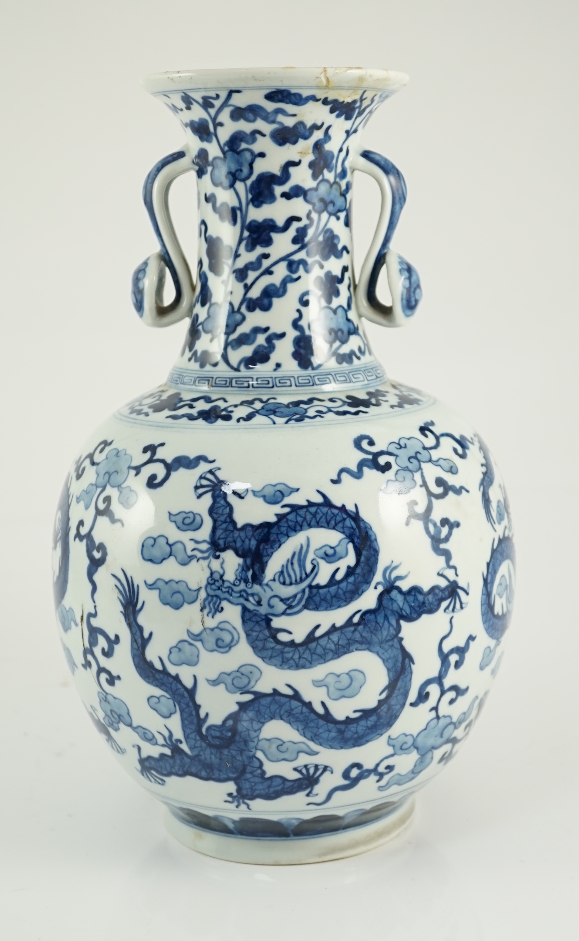 A Chinese blue and white ‘dragon’ vase, Wanli mark but later